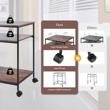 Sutex Large Printer Stand, 23.6" W x 18.9" D x 31.5" H Large Printer Table with Adjustable Storage Shelf, 3 Tier Rolling Printer Cart with Wheels for Home Office- Support 100 LBS Each Tier - Image 4