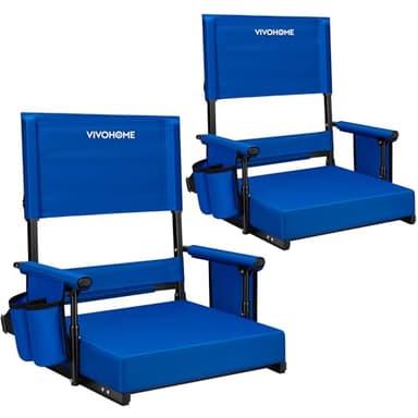 VIVOHOME Height Adjustable High Back Stadium Seats with Back Support and Cushion, 2 Pack Portable Bleacher Chairs with Cup Holder and Shoulder Strap, Blue - Image 1