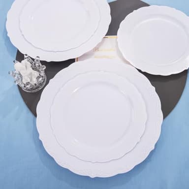 U-QE 60PCS White Plastic Plates for Party - High End Disposable Plates for Weddings - White Plates Disposable Heavy Duty Including 30PCS 10'' Dinner Plate & 30PCS 7.5'' Dessert Plate - Image 9