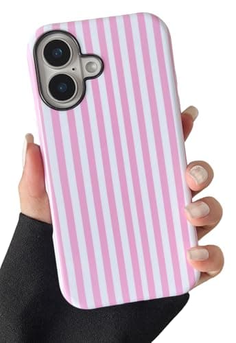 Longlayss Compatible with iPhone 16 Plus Case Cute Aesthetic Striped Phone Case for Women Girl Shockproof Slim TPU and Hard PC Protective Cover (Pink) - Image 1