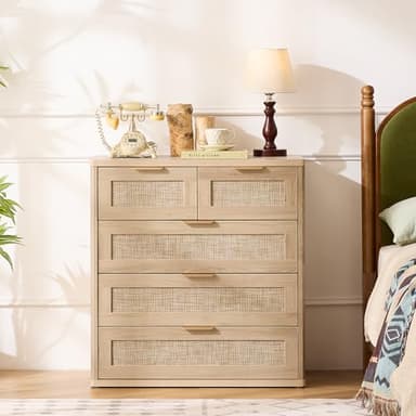LEYAOYAO Rattan Dresser for Bedroom, 33.5" Tall Chest of Drawers, Modern 5 Drawers Boho Dressers with Storage, Light Oak Dresser Wooden Closet Organizer for Living Room, Hallway, Natural Wood - Image 6