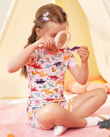 babee Reshinee Bamboo Viscose Toddler Girls Kids Pajama Sets Short Summer Cool Snug fit Sleepwear Pjs 2pcs Set 4-5Y Pink Dino - Image 3