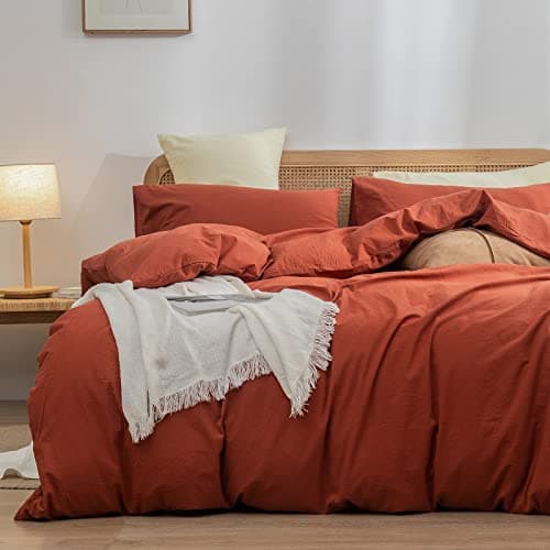 BESTOUCH Duvet Cover Set 100% Washed Cotton Linen Feel Super Soft Comfortable Chic Lightweight 2 PCs Home Bedding Set Solid Burnt Brick Red Twin/Twin XL - Image 1