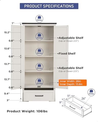 JXQTLINGMU Farmhouse Kitchen Pantry Cabinet - 72" Tall Wood Kitchen Storage Cabinets with Adjustable Shelves & 2 Barn Style Doors & Drawer, Versatile Storage for Dining Room, Bathroom, Antique White - Image 6