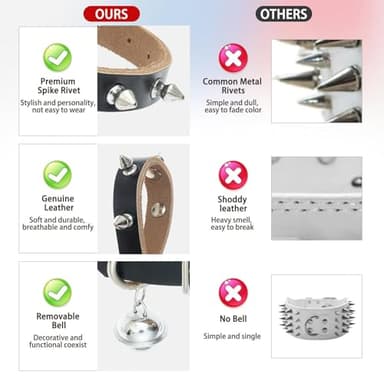 BINGPET Adjustable Leather Spiked Studded Pet Collars,Genuine Leather Dog Collar with Bells,Spiked Cat Puppy Collar,Spikes Soft and Strong Real Leather Made, Adjustable for Small Dogs Puppy Cats - Image 6