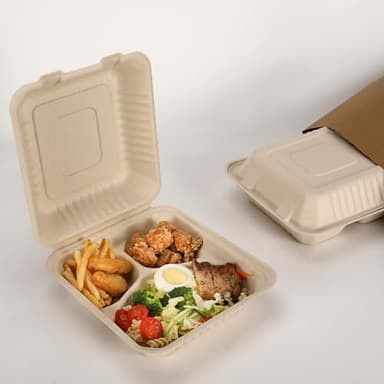 Aricsen 50 Pack 3 Compartment Compostable 8x9 Inch Takeout Lunch Box Containers with Lid To Go Take Out Clamshell for Food, Disposable Eco-Friendly Biodegradable Bagasse, PFAS-Free, Brown - Image 2