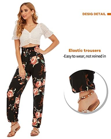 QIANXIZHAN Women's Harem Pants, High Waist Yoga Boho Trousers with Pockets Rose Black L - Image 3