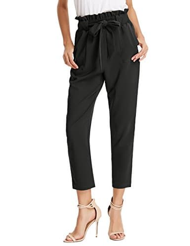 Women's Simple Solid Ruffle Tie Waist Pants with Pockets Black XL - Image 1