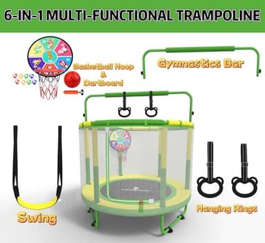 60" Trampoline for Kids, 5ft Toddler Mini 6-in-1 Trampoline Indoor Outdoor with Swing, Basketball Hoop, Dart Board, Rings, Christmas Toys Birthday Gifts for Girls Boys - Image 2