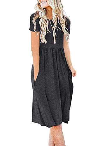 DB MOON Women Summer Casual Short Sleeve Dresses Empire Waist Dress with Pockets (Dark Grey, S) - Image 1