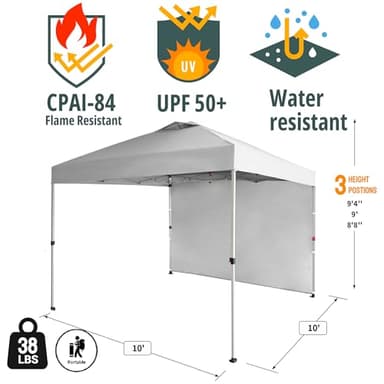 CROWN SHADES 10x10 Pop Up Canopy with 1 Side Wall - Beach Tent with One Push Setup - Outdoor Sun Shade for Events, Parties, Camping - Gazebo with STO-N-Go Cover Bag (White) - Image 2