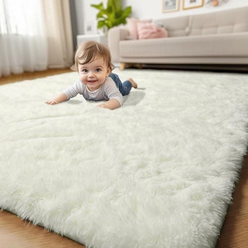 Amdrebio Ivory White Rugs for Bedroom Living Room, Soft Indoor Modern Area Rug 4x6 for Kids Room, Cute Fluffy Thick Fuzzy Carpet for Nursery Dorm, Home Decor, Furry Cream Rugs for Baby Teen Girls Boys - Image 1