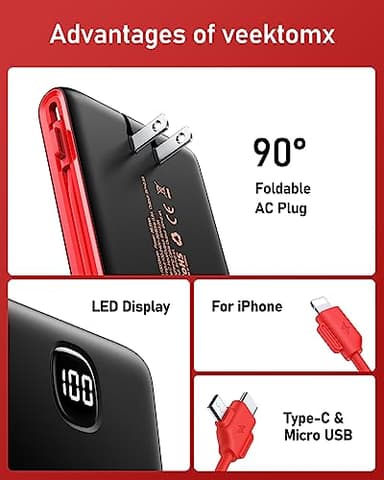 VEEKTOMX Portable Charger with Built in Cables 10000mAh, Power Bank for iPhone with AC Wall Plug, Fast Charging USB C Slim Battery Pack with LED Display Compatible with iPhone15/14/13, Samsung - Image 8