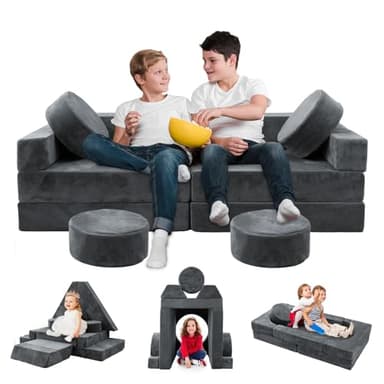 HOMFINE 16pcs Modular Kids Play Couch, Kids Toddler Couch, Child Sectional Sofa, Versatile Kid Sofa for Playroom Bedroom, Convertible Foam and Floor Cushion for Boys and Girls, Dark Grey - Image 1