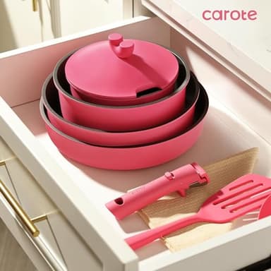 CAROTE 17pcs Pots and Pans Set Non Stick, Nonstick Cookware Set, Oven/Dishwasher/Fridge Safe Pots and Pans, RV Safe Cookware, Induction Kitchen Gift Set Detachable Handle, Pink - Image 7