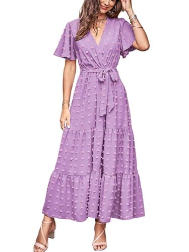 MASCOMODA Womens Swiss Dot Maxi Spring Wedding Guest Dress 2025 Casual Wrap V Neck Flutter Sleeve Long Flowy Party Dresses(Light Purple,X-Large) - Image 1