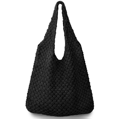 hatisan Crochet Bags for Women Aesthetic Tote Bag Hippie Bag Knit Bag(Woven-Black) - Image 1