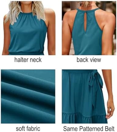 Newshows Womens 2025 Summer Dress Halter Wedding Guest Casual Beach Vacation Outfits Belted Sundresses with Pockets - Image 6