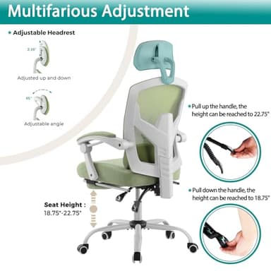 DUMOS Office Desk Chair with Footrest Ergonomic Gaming Chair for Adults Computer Mesh, Lumbar Support,Swivel Reclining with Headrest, Comfy Armrest for Home, Office, Work, Study, Light Green - Image 5