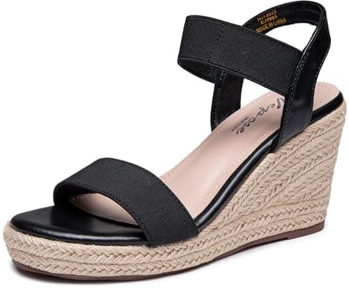 Vepose Women's Wedge Sandals Black Platform Espadrilles Sandals Elasitc Ankle Strap Open Toe 881 Sandals with 3.5" Inchs High Heel Summer Shoes Size 9.5 (CJY881 Black 09.5) - Image 1