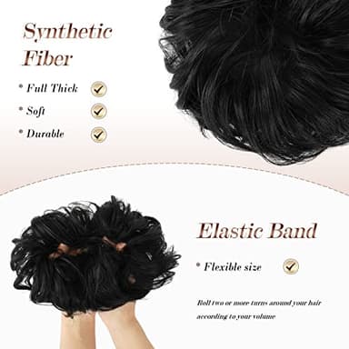 FESHFEN Messy Bun Hair Pieces - Large Wavy Curly Elastic Hair Bun Scrunchies Ponytail Extensions Synthetic Chignon Hairpieces for Women, Off Black 1.94oz - Image 4