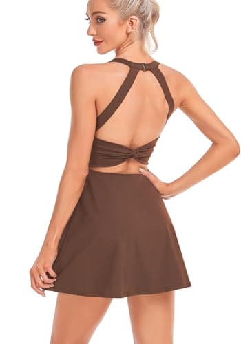 Womens Tennis Dress with Built in Shorts and Bra Workout Dress Golf Athletic Dress for Women… Chocolate-Brown - Image 1