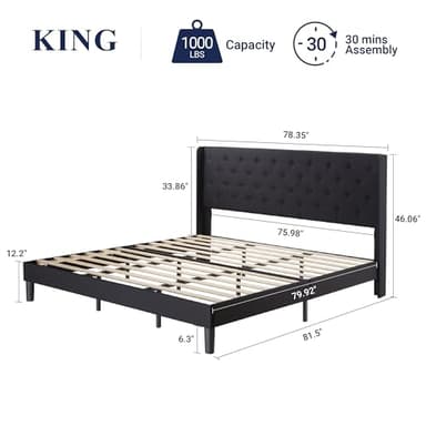 Allewie King Size Bed Frame with Button Tufted Wingback Headboard, Modern Upholstered Bed Frame with Solid Wooden Slats Support - No Box Spring Needed, Easy Assembly, Black - Image 2
