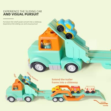 Wanborns Transport Car Carrier Truck Toys for 2 3 4 5 Years Old Kids, 24 inches Foldable Track Trailer with Light & Sound Effects, 4pcs Small Car Toys, Best Gift Choice for Christmas, Birthday - Image 5