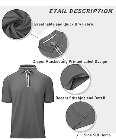 Men's Zipper Polo Shirt Short Sleeve Moisture Wicking Casual Golf Polo Shirt Quarter Zip Tops Dark Grey - Image 5