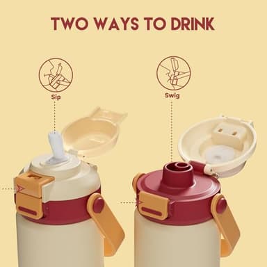 Meoky Insulated Water Bottle for Kids: 14 oz Kids Water Bottle with Straw and Spout Lid - 100% Leakproof Stainless Steel Water Bottle BPA-Free for Travel Home - Toddlers Girls Boys, Ivory - Image 4