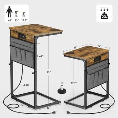 Vagusicc C Shaped End Table with Charging Station, 33" Tall Side Table for Couch, Sofa Table Adjustable Height Small Couch Side C Table, Slide Under Sofa Tray Arm Table for Living Room, Bedroom, Brown - Image 3