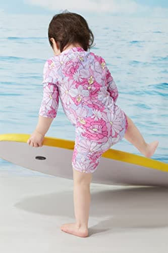 UMELOK Toddler Girls Swimsuit One Piece Full Zip with Long Sleeve UPF 50+ Sun Protection Swimwear Rash Guard Shirts Pink Flower,18M - Image 3