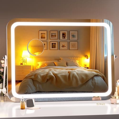 Hasipu Vanity Mirror with Lights, 18" x 14" LED Makeup Mirror, 3 Modes Light, Smart Touch Control Dimmable, 360°Rotation, Rectangle White Frame, with 5X Magnifying Glass - Image 1