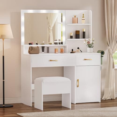 YITAHOME Vanity Desk with Mirror, Makeup Vanity Set with Power Strip, 9 Dimmable Bulbs, Drawers, Cabinet, Shelves, and Stool, 3-Color Adjustable Lighting, Elegant Vanity for Dressing Room, White - Image 1
