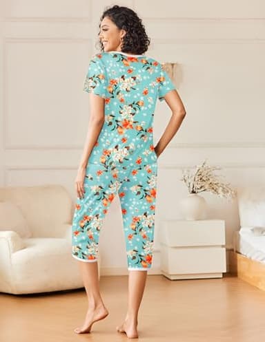 Ekouaer Womens Pajama Sets Short Sleeve Sleepwear Top and Capri Pants 2 Piece Loungewear With Pockets, Green/Orange/White/Floral, Medium - Image 5