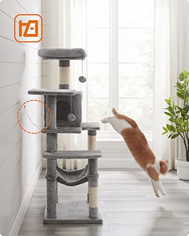 Feandrea Cat Tree, 56.3-Inch Cat Tower for Indoor Cats, Multi-Level Cat Condo with 4 Scratching Posts, 2 Perches, Hammock, Cave, Light Gray UPCT161W01 - Image 9