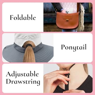 NPQQUAN Ponytail Sun Bucket Hat for Women Men Wide Brim UPF 50+ Fishing & Beach Hats Pink/Grey - Image 6