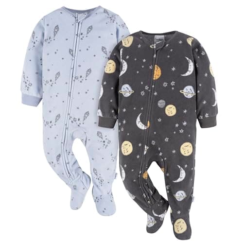 Gerber Baby Boy's Toddler Loose Fit Flame Resistant Fleece Footed Pajamas 2-Pack, Space, 6-9 Months - Image 1