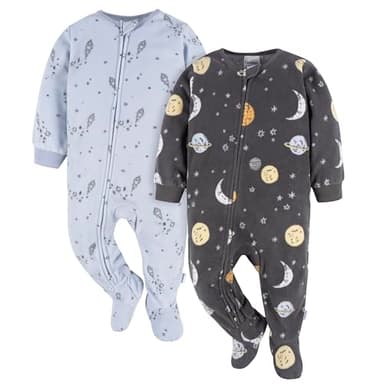 Gerber Baby Boy's Toddler Loose Fit Flame Resistant Fleece Footed Pajamas 2-Pack, Space, 6-9 Months - Image 1