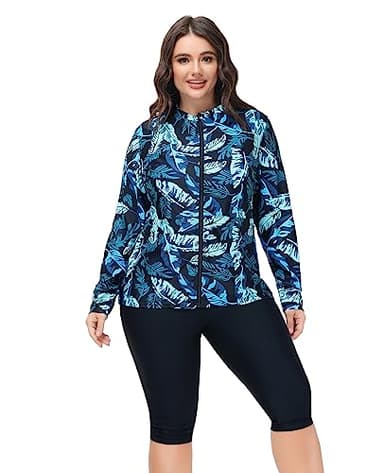 Hanna Nikole Women's Plus Size 3 Piece Rash Guard Swimsuits Long Sleeve Swimwear for Surfing Blue Leaf 24W - Image 3