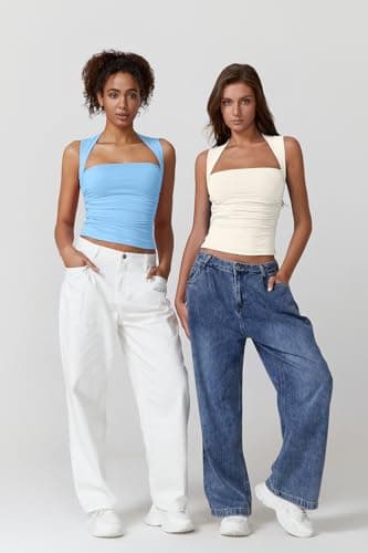 QINSEN Square Neck Tops for Women Summer Side Ruched Double Lined Slim Fit Going Out Crop Top Beige S - Image 6