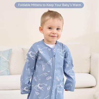 FIEMOL Baby Sleep Sack 6-12 Months, Long Sleeve Baby Wearable Blanket 0.5 Tog with Mittens, 2-Way Zipper Infant Cotton Sleeping Sack for Boy and Girl Blue Stars 2 Pack (Medium) - Image 6