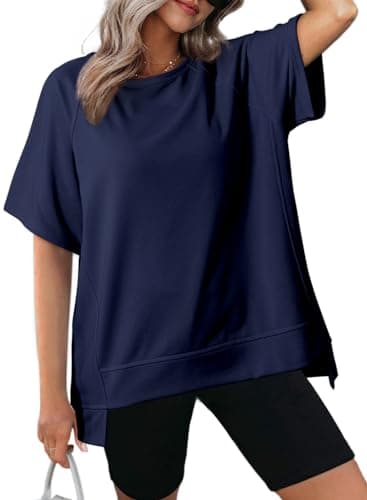 Dokotoo Womens Tshirts Cotton Loose Fit Short Sleeve Crewneck Dressy Casual Summer Tops Oversized T Shirt for Women Fashion 2025 High Low Uneven Hem Cute Solid Color Thin Blouses Navy Blue X-Large - Image 1