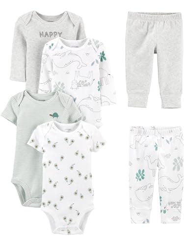 Simple Joys by Carter's Unisex Babies' 6-Piece Bodysuits (Short and Long Sleeve) and Pants Set, Grey Heather/White Animal Print/Avocados/Stripe/Text Print, 0-3 Months - Image 1