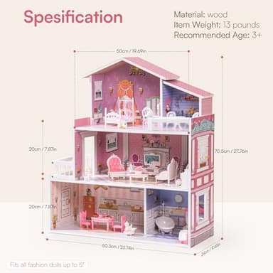 ROBUD Wooden Dollhouse Playset, 3 Stories, 5 Rooms, 24 PCS Furniture, Pretend Play Toys Gift for Kids Toddlers Girls - Image 7