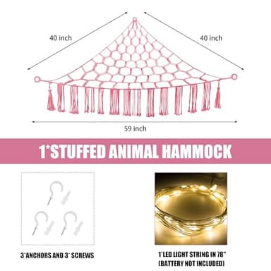 CERETIA Hammock for Stuffed Animals with LED Light, Kids Room Decor Corner, Pink - Image 5