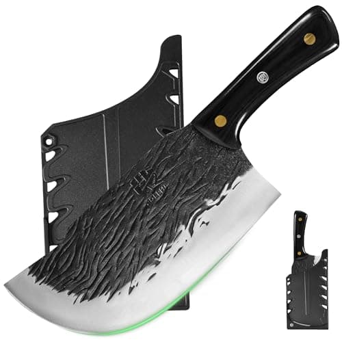 FULLHI Multi-color Wood Handle Full Tang Meat Cleaver with Sheath, High Carbon Steel Chef Meat Slicing Kitchen Knife for Outdoor Cooking, Camping BBQ - Image 1