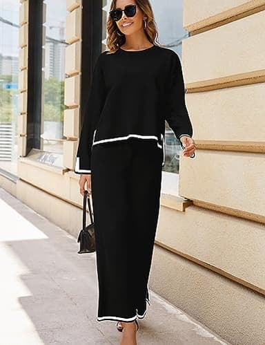 Tanming Women's 2 Piece Outfits Long Sleeve Knit Sweater Top Wide Leg Pants Lounge Sets Tracksuits (Black-M) - Image 3