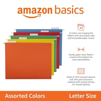 Amazon Basics Hanging Organizer File Folders for Efficient Filing, Assorted Colors, Letter Size (Pack of 25) - Image 2