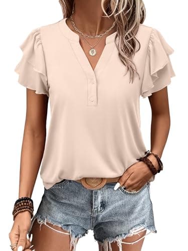 ANRABESS Womens Tops Dressy Casual Ruffle Short Sleeve V Neck Blouses Summer Button Down Business Work Elegant Shirts Beige Large - Image 1